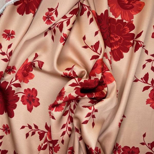 Viskosesatin bedruckt Blumen lachs rot